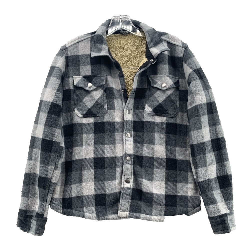 Eddie Bauer Flannel Shirt Youth 14/16 Gray Sherpa Plaid Shacket Outdoor Gorpcore